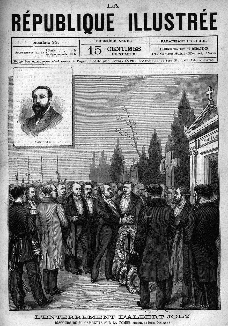 Leon Gambetta (1838-1882) beszéde Albert Joly (1844-1880) helyettes temetésén a versailles-i temetőben. Egy újság. Metszet 1880-ból a „La republique illustree”” magángyűjteményben. alkotó: French School