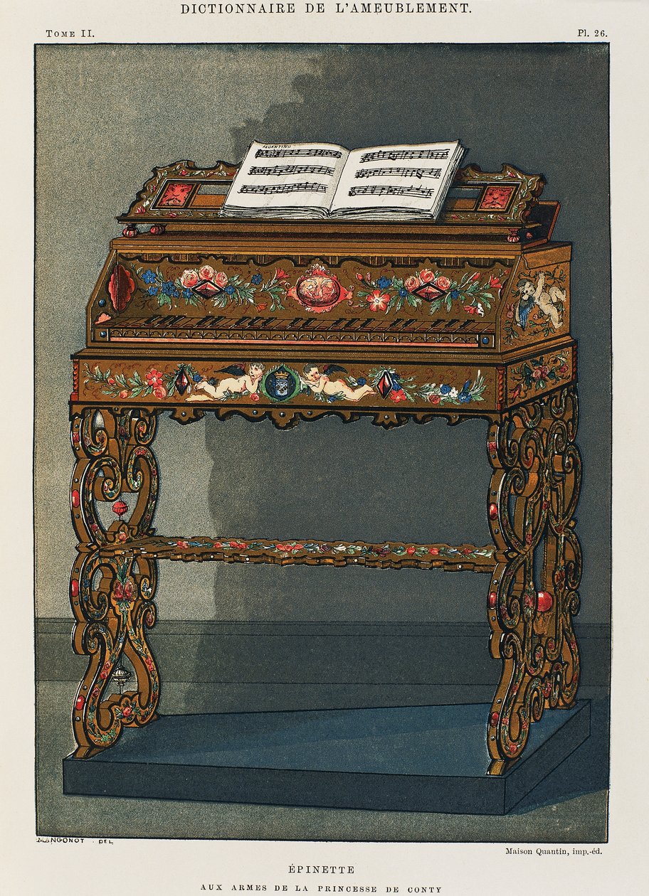 Spinet Conti hercegnő címerével, illusztráció a Bútor- és dekorációs szótárból, Henry Havard, I. kötet alkotó: French School