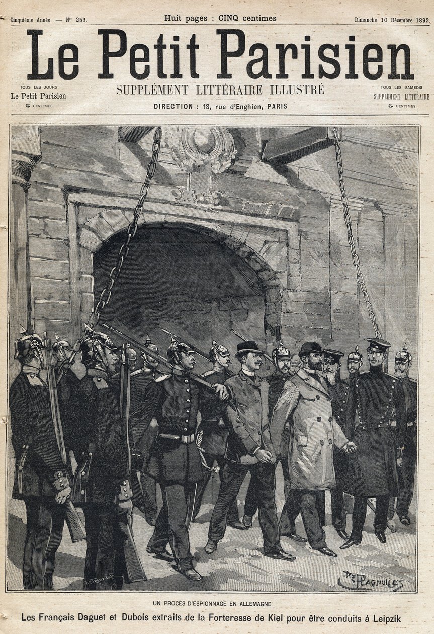Kémper Németországban: a francia Daguet és Dubois-t a kieli erődből Lipcsébe vitték. A „Le petit Parisien” című újság egyike, 1893.10.12. (metszet) alkotó: French School