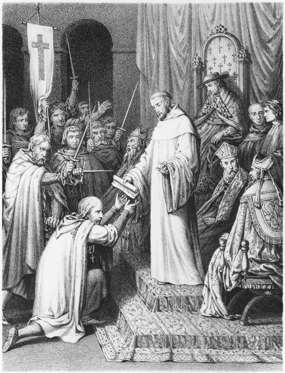 Szent Bernát clairvaux-i apát, aki átadja a templomosoknak szabályaikat alkotó: French School