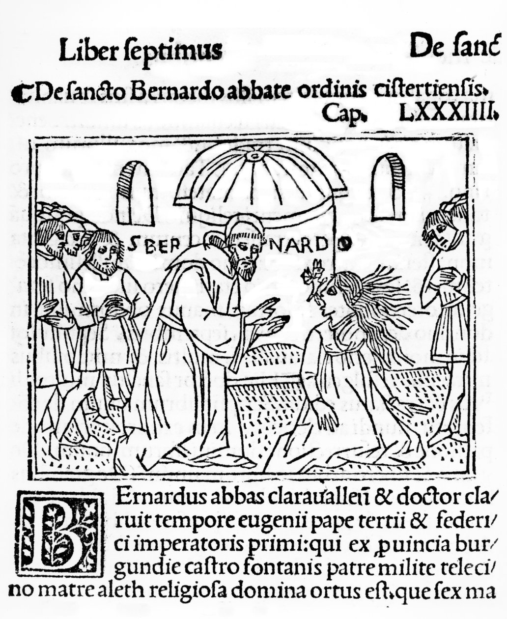 Clairvaux-i Szent Bernát egy megszállott nőt kiűz, illusztráció a La Vie des Saints-ből, 1506-ban megjelent alkotó: French School