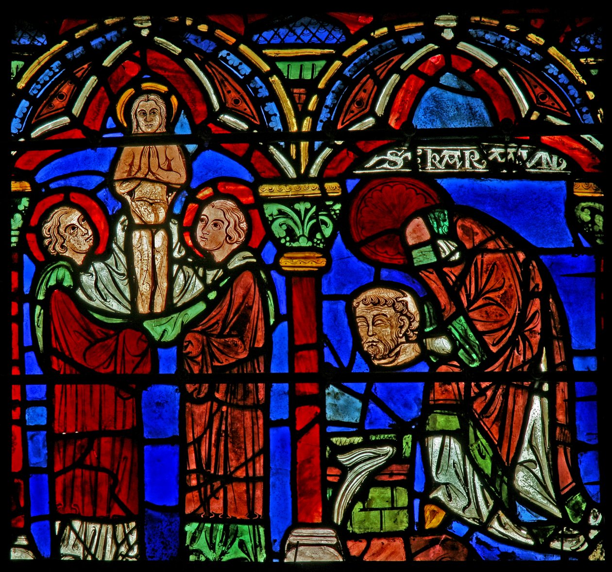 St Cheron ablak: fejét a Szent Mesme szökőkúthoz viszi; a lelke felemelkedik (w15) alkotó: French School