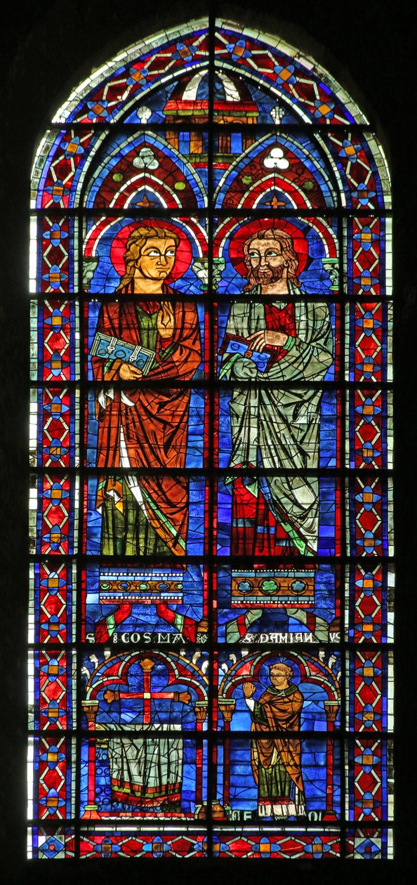 Szent Kozmosz és Szent Damien; Geoffrey adományozó pap (w120) alkotó: French School