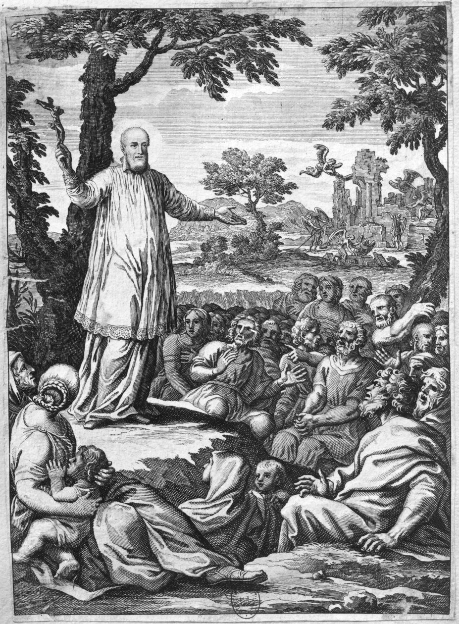 Szalézi Szent Ferenc (1567-1622) a chablais-i eretnekeknek prédikál (metszet) (bw fotó) alkotó: French School