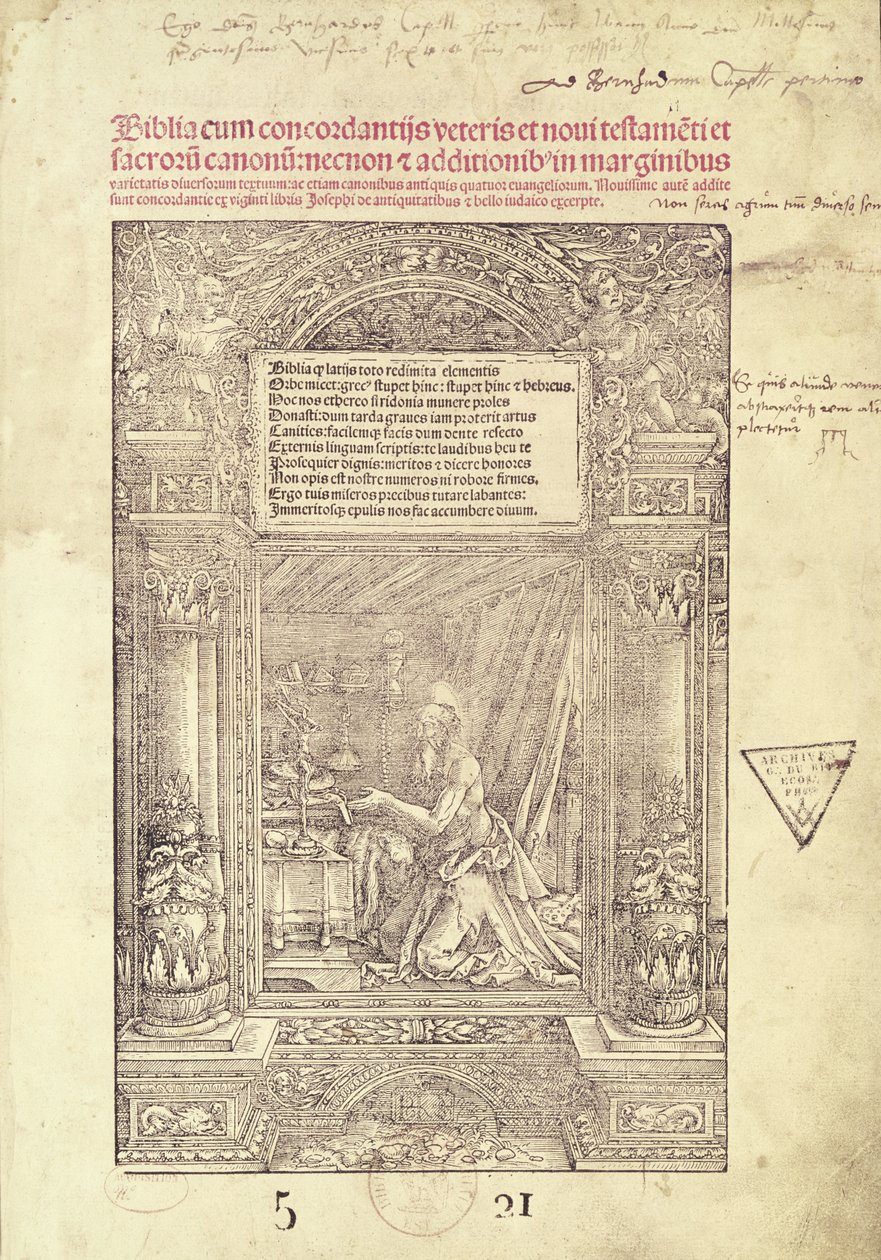 Szent Jeromos a Studiolo című művében, egy Biblia címlapja, J. Marion, Lyon, 1521 alkotó: French School