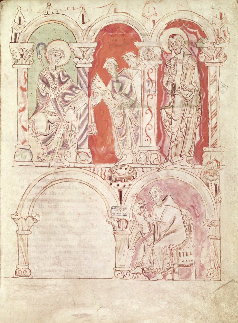 Cassian Szent János (360-kb. 435) írás és szerzetesek, akik felajánlják a könyvet az apátság patrónusának, Cassian Collationeséből, a St. Amand apátságból alkotó: French School