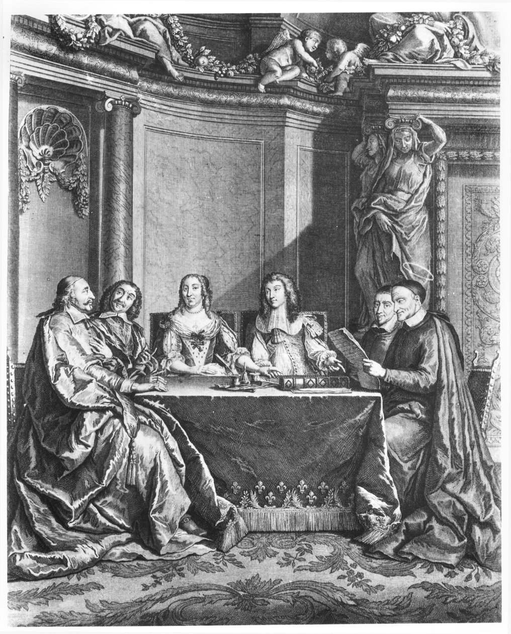 Pál Szent Vince (1581-1660) és Jules Mazarin bíboros (1602-61) XIV. Lajos (1638-1715) lelkiismereti tanácskozásán Gerard Scotin (1643-1715) metszete 1660 körül. alkotó: French School