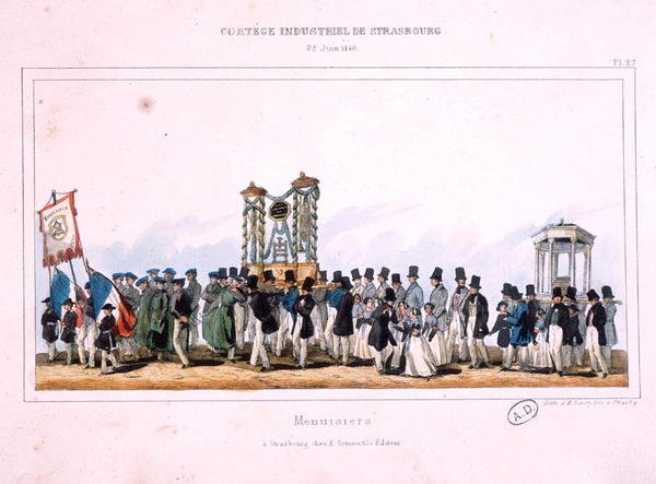 Az ácsok körmenetének kezdete Strasbourgban, 1840. június 25. (színes litó) alkotó: French School