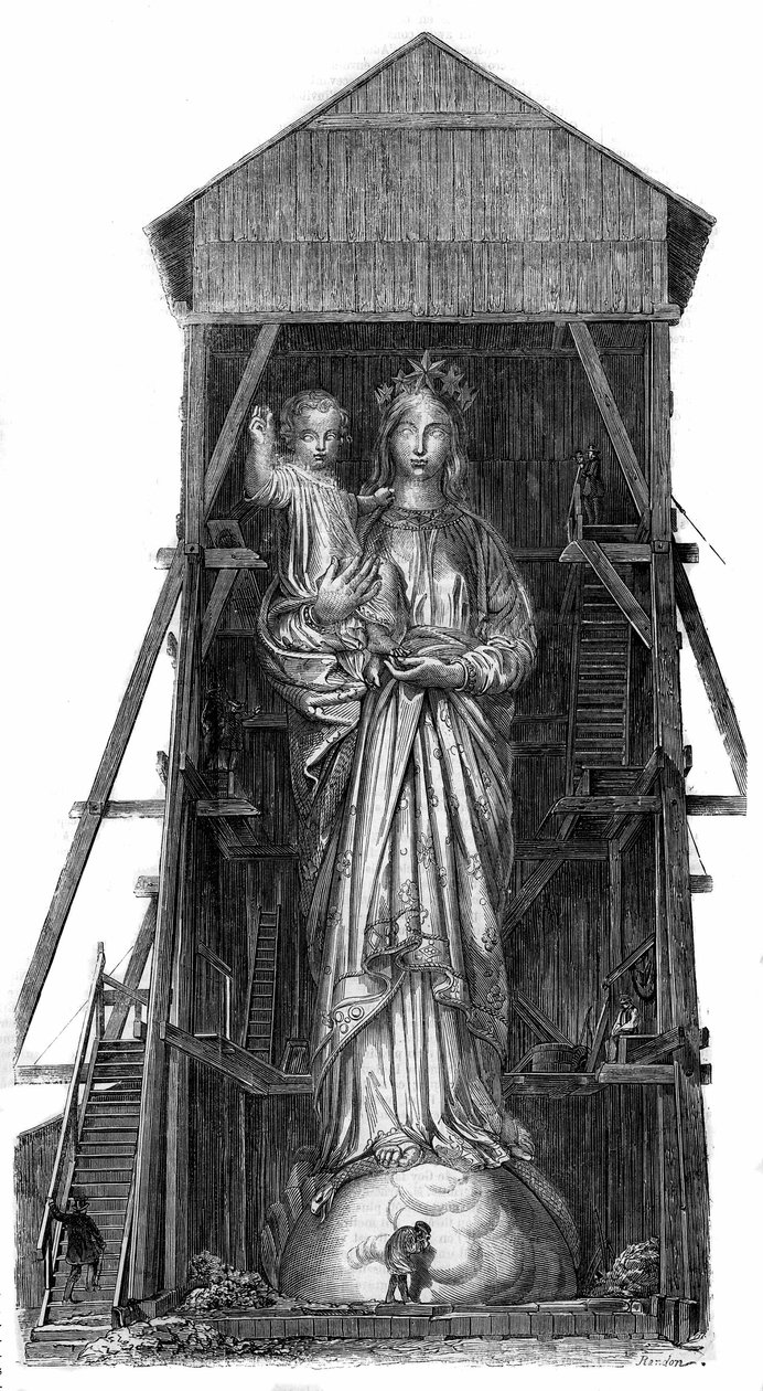 Notre Dame de France szobra Puy en Velay-ben (Puy-en-Velay) Haute Loire-ban (43): a Sebastopolban vett kanonok vasából kiolvasztandó szobor modellje. A szobor 1860-ban készült el, és 16 méter magas volt. Egy fényképről. Metszet „” Le alkotó: French School