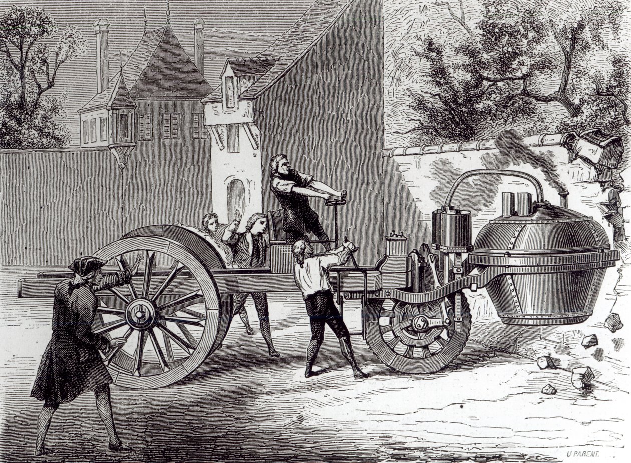Gőzmeghajtású autó, amelyet Nicolas Joseph Cugnot (1725-1804) talált fel 1771-ben, 1886-ban alkotó: French School