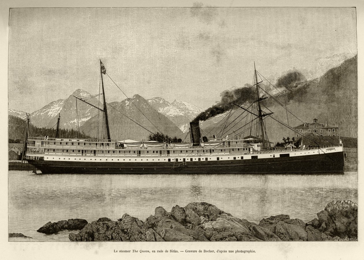 Steamer The Queen Sitka kikötőjében (Alaska, USA). Bocher metszete, 1890-ben, a Le tour du monde, nouveau journal des voyages, Edouard Charton (1807-1890) szerkesztője, 1891. 2. félév, Hachette kiadás, Párizs. alkotó: French School