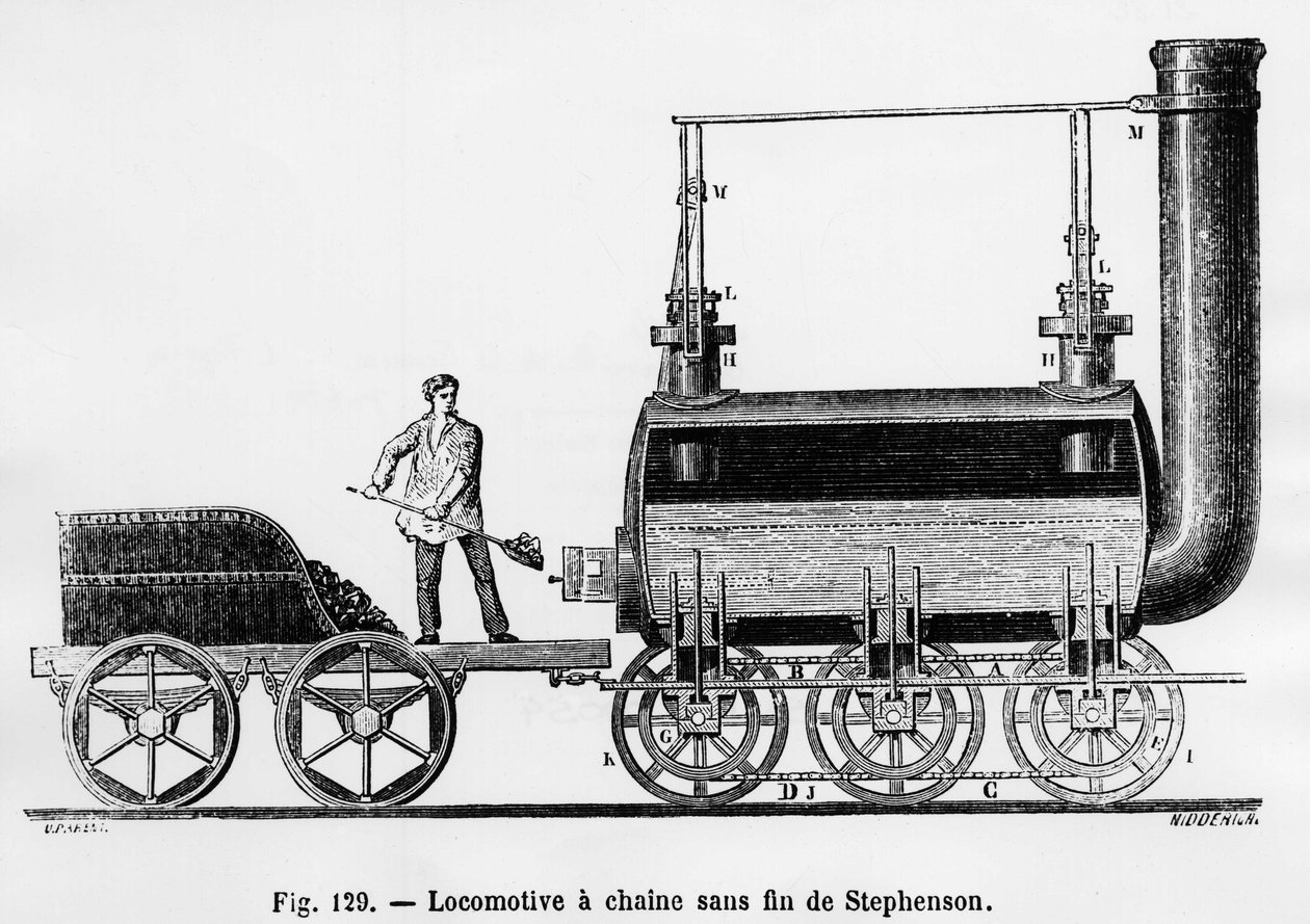 Stephenson végtelen láncos mozdonya – L. Figuier „A tudomány csodáiban” alkotó: French School