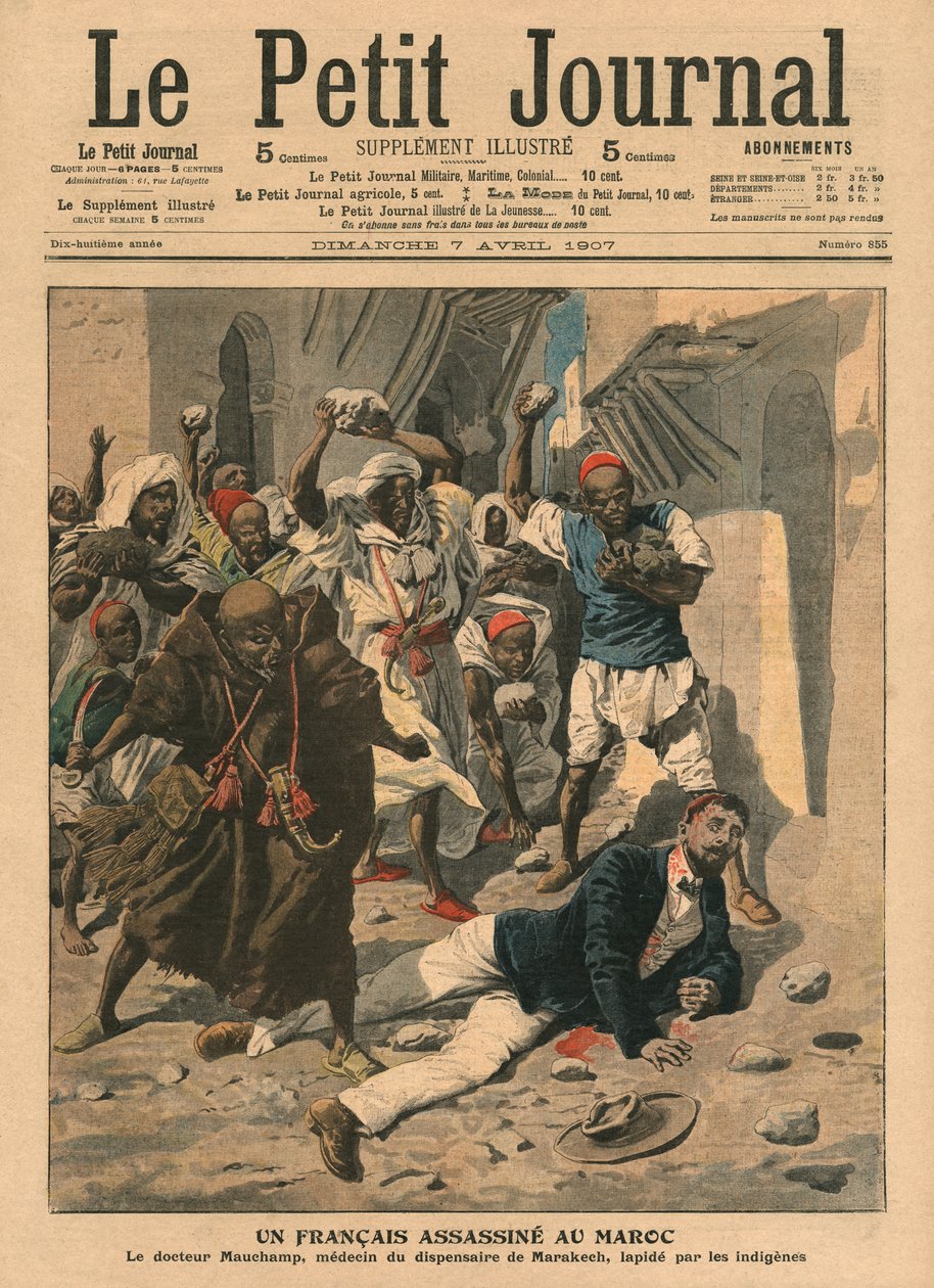 Mauchamp francia orvos megkövezése Marokkóban, illusztráció a „Le Petit Journal”-ból, illustre melléklet, 1907. április 7. alkotó: French School
