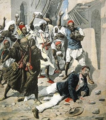 Dr. Emile Mauchamp halálra kövezése Marrakeshben, a Le Petit Journal címlapillusztrációja, 1907. április 7. alkotó: French School