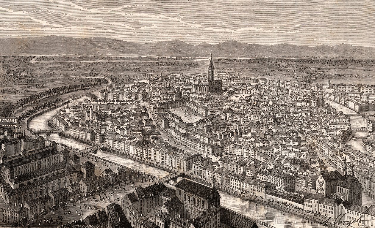 Strasbourg – Bas-Rhin, Elzászban – V.A. Malt-Brown „La France illustrée: földrajz, történelem, statisztikai igazgatás” metszete. 1884 alkotó: French School