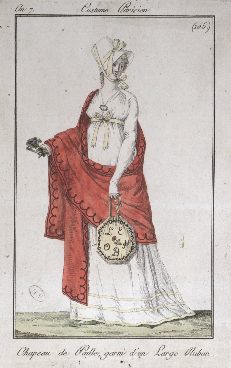 Szalmakalap szalaggal, divattányér a Costumes Parisiens-től, 1799 alkotó: French School