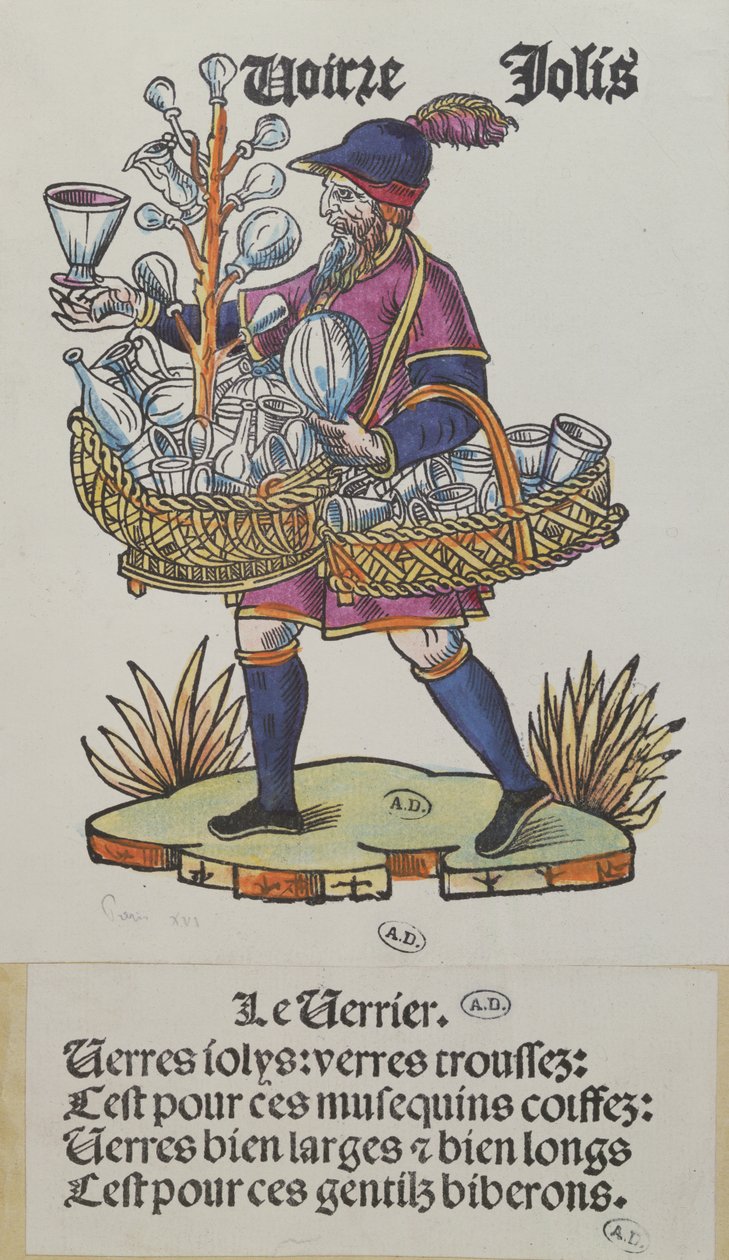 Utcai árus üvegárut árul, Cris de Parisból, 1515 körül (színes fametszet) alkotó: French School