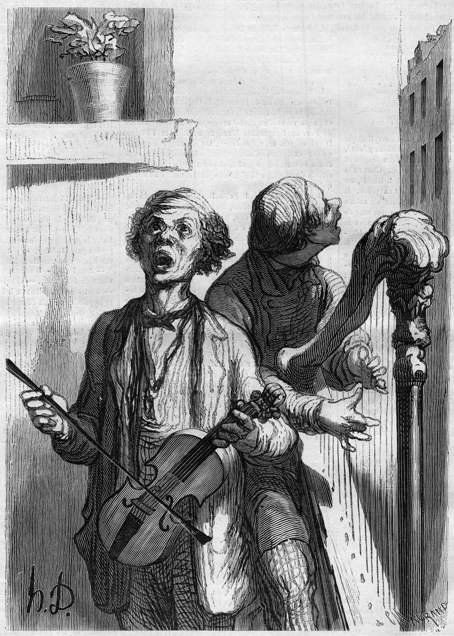 Utcai énekesek. Honore Daumier (1808-1879) rajzfilmje. Metszet a „” Le Monde Illustré”” 297. számában, 1862. december 20. alkotó: French School