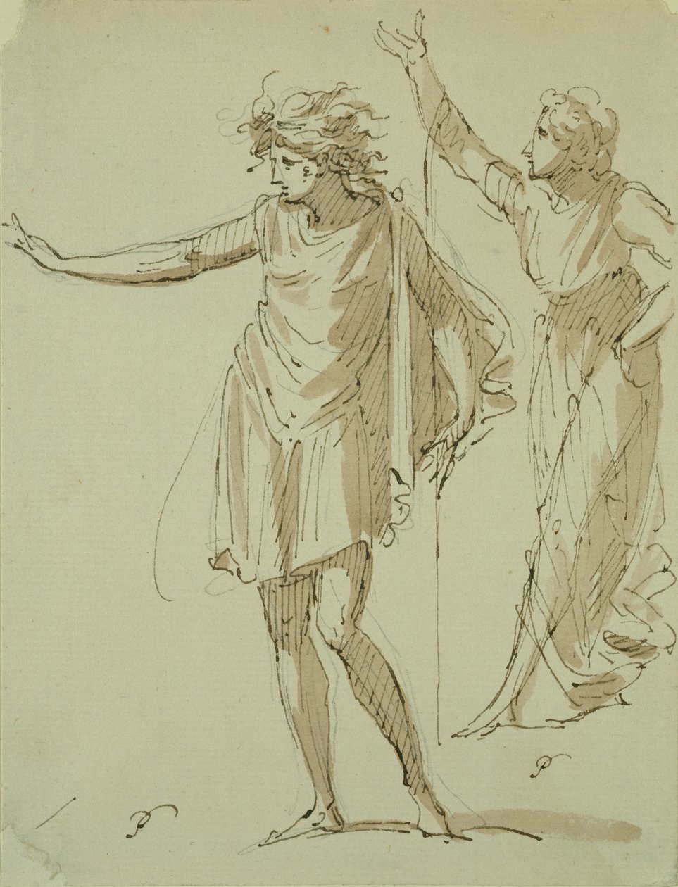 Tanulmány két klasszikusan drapozott figuráról, 1790 körül (toll és tinta, valamint papírra mosás) alkotó: French School