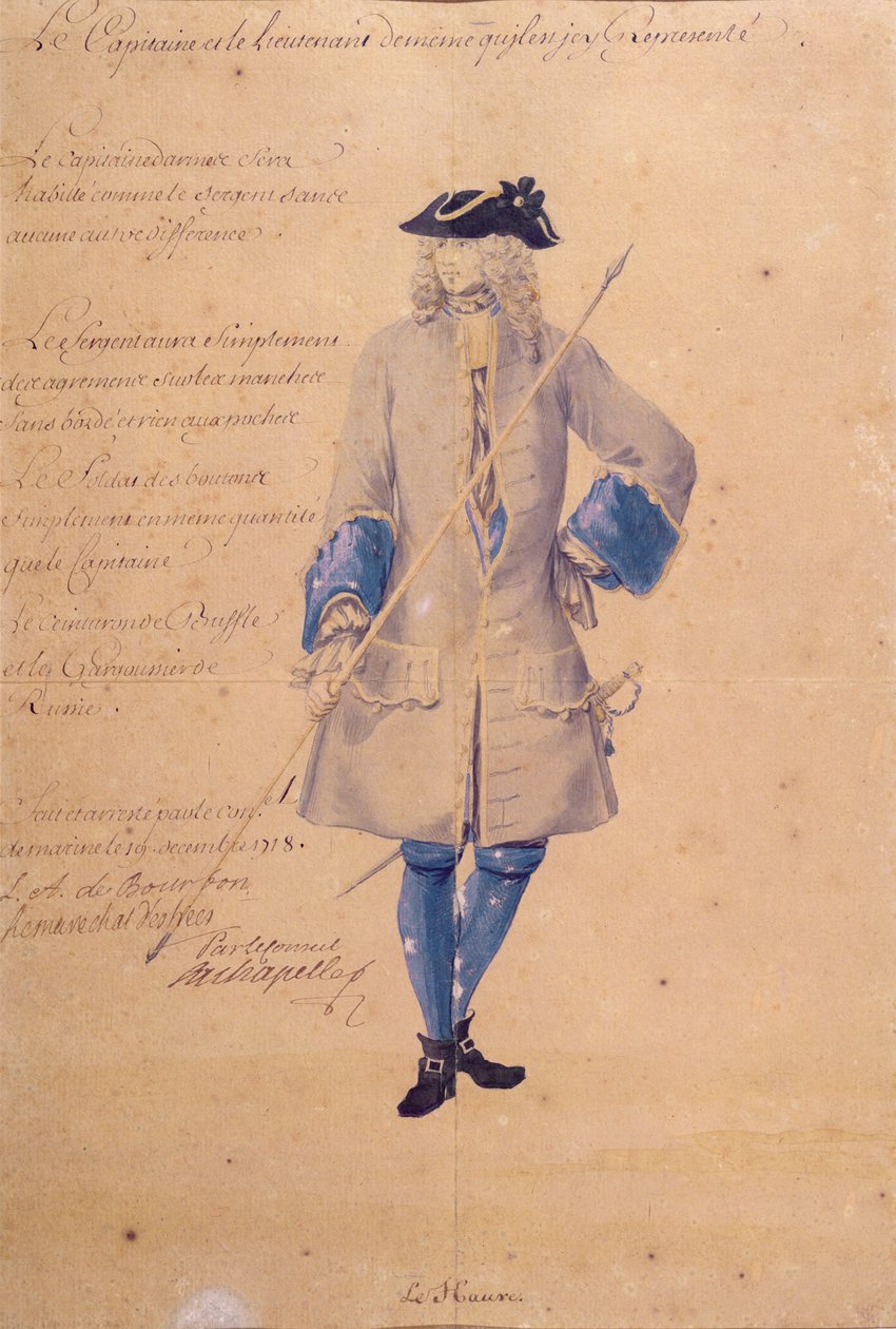 Tanulmány a Le Havre-ban állomásozó tengerészgyalogos egyenruhájáról, 1718 (ceruza, testszín és wc barna papíron) alkotó: French School
