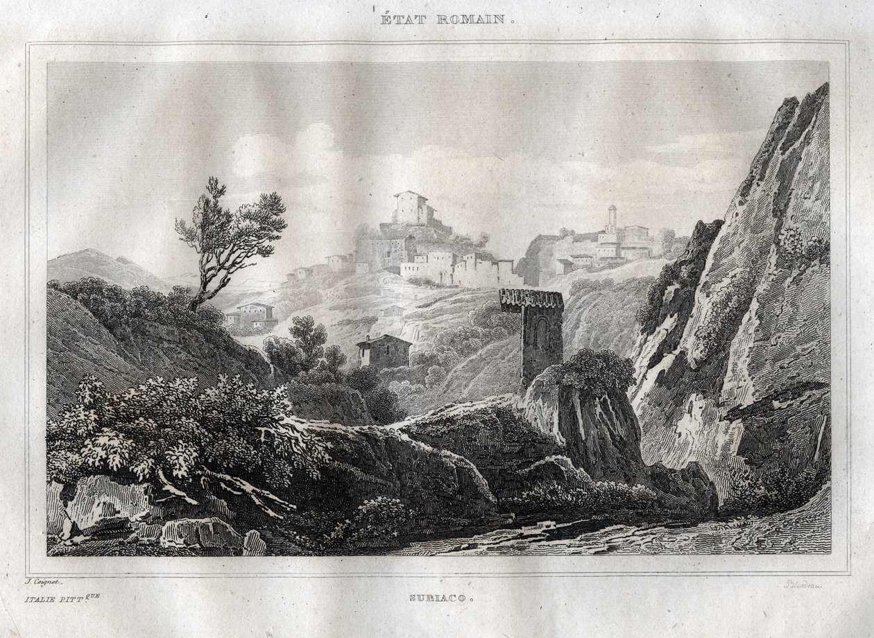 Subiaco Lazio Róma nagyvárosában – Metszet a „festői Olaszországból”, M. de Norvins, Ch. Nodier 1834-1836. alkotó: French School