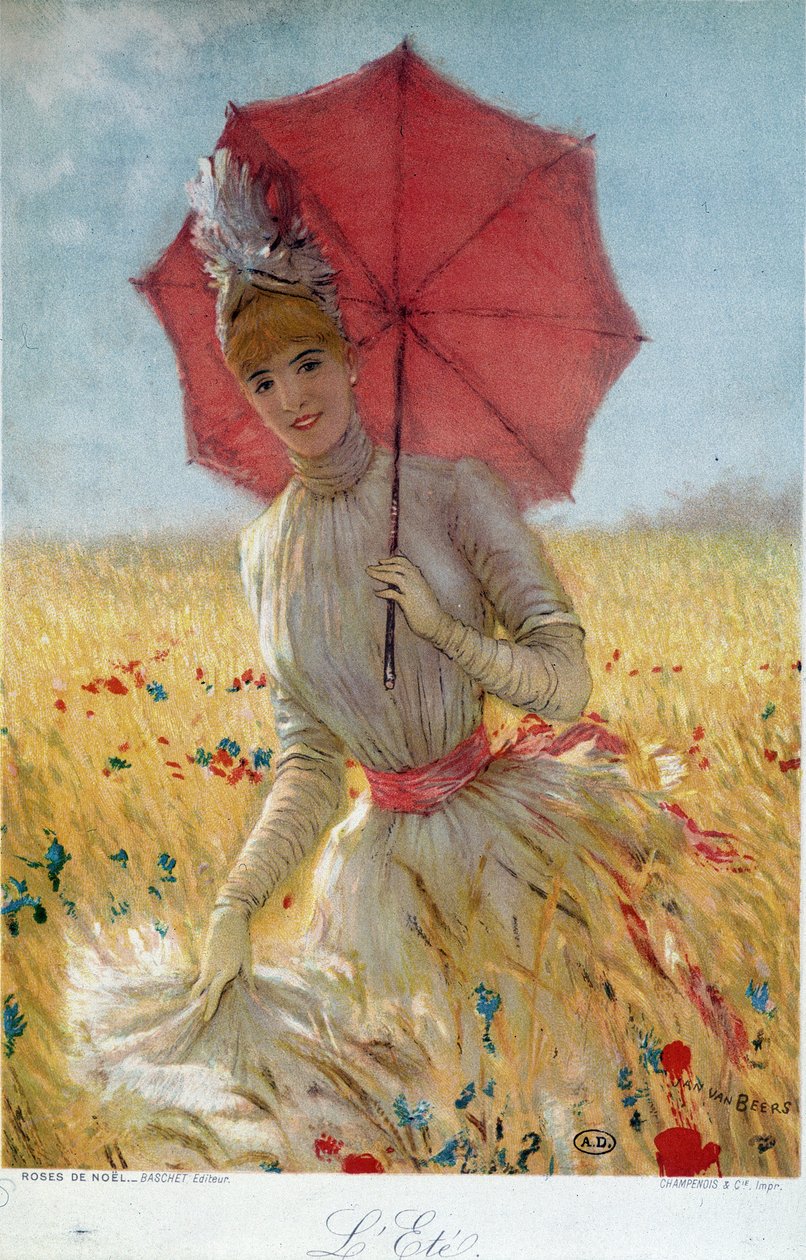 Nyár: fiatal nő esernyővel a búzamezőn - rajz, 19. század vége alkotó: French School