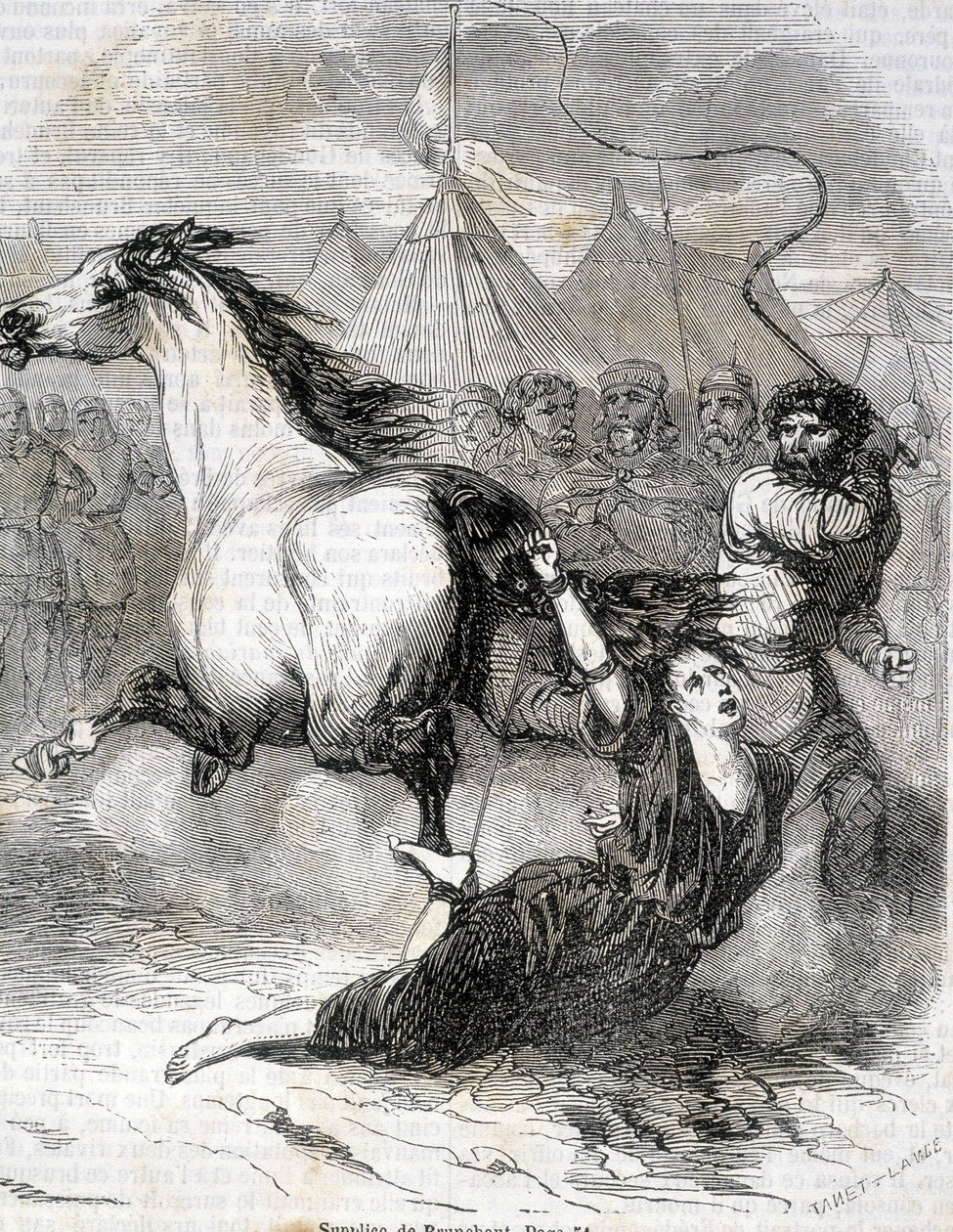 Brunehaut (vagy Brunehilde) gyötrelme (613) – L.-P. „Histoire de France” című művében. Anquetil alkotó: French School
