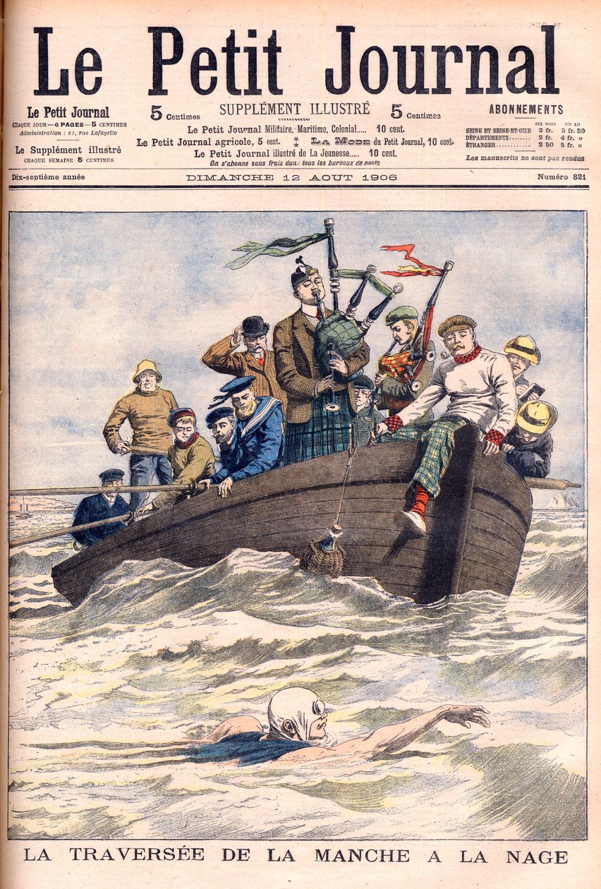 Úszás a La Manche csatornán. Az angol Jabez Wolffe 22 sikertelen kísérlete közül az első alkalommal úszta át a Csatornát. La traversee de la manche a la swim, Jabez Wolffe (1877-1943) - Illusztráció a Le petit Journal számára alkotó: French School