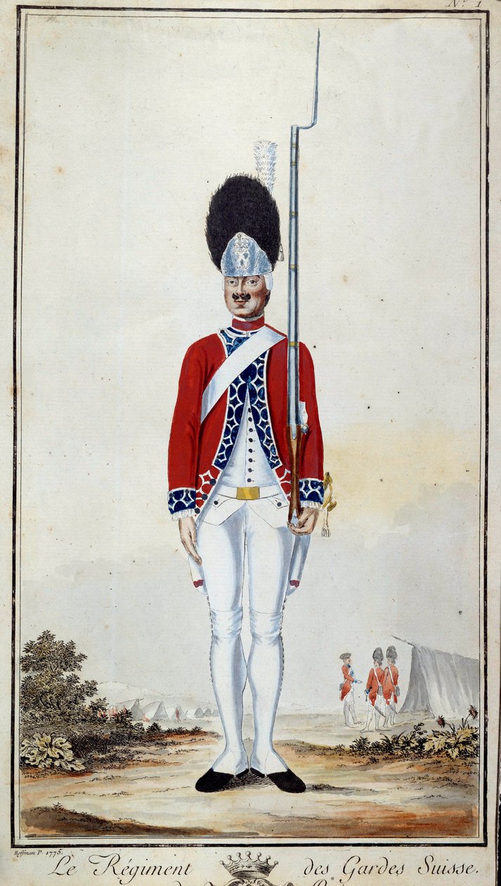SwissGuard. 16. tábla a „”XV. Lajos alatti francia csapatok katonai egyenruháinak gyűjteményében”” 1779. évi litográfiája. Mérete 0,23x0,16 m. Párizs, Hadsereg Múzeum alkotó: French School