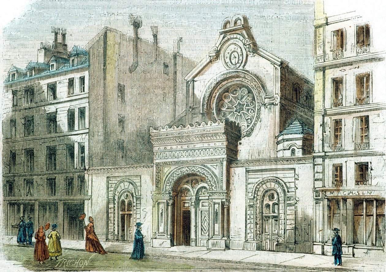 Zsinagóga a Rue de la Victoire-n, Párizs, 1880 körül (színes metszet) alkotó: French School