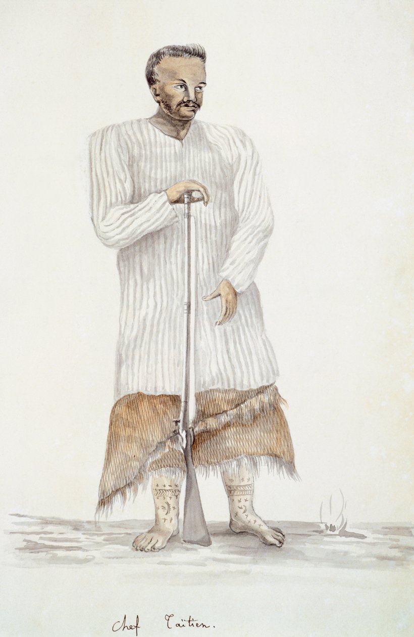 Tahiti főnök, illusztráció: I. Duperrey Lajos utazása, LF Lejeune, akvarell festmény alkotó: French School