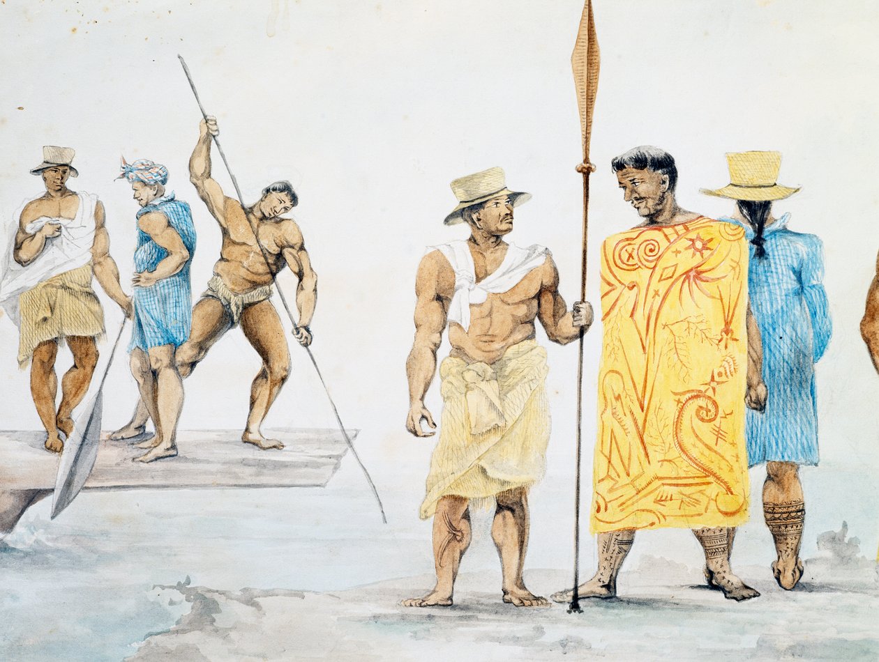 Tahiti főnökök beszállnak a Coquille-ba, Jules-Louis Lejeune terve, az Utazás a világ körül című film alapján alkotó: French School