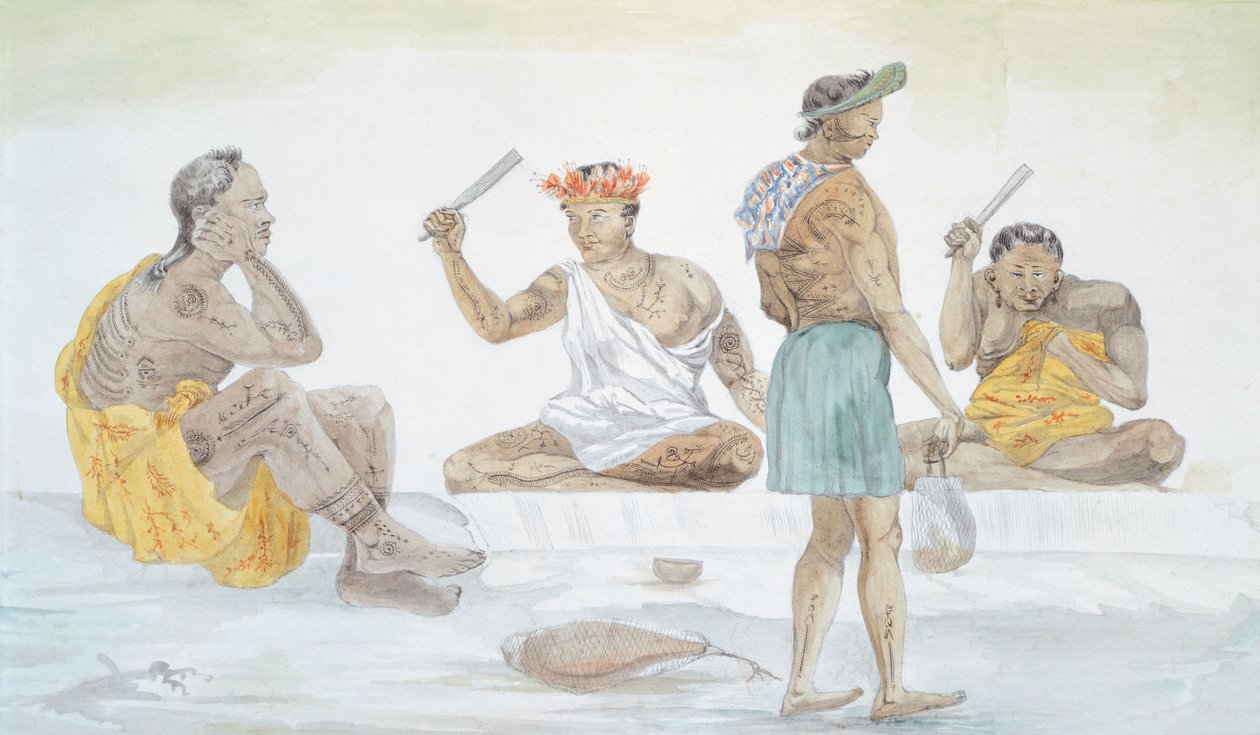 Tahiti kendőverők, LF Lejeune Louis I Duperrey utazása (1822-1825), Polinézia 19. század Akvarell alkotó: French School