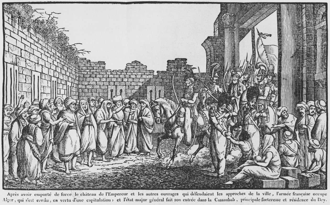 Algír bevétele, francia hadsereg belép a kasbába, illusztráció egy népszerű almanachból, 1831 alkotó: French School