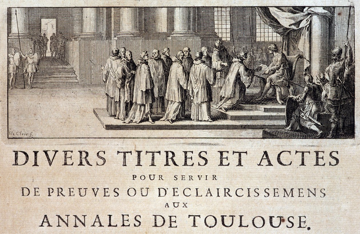 III. Fülöp király követei 1271-ben birtokba vették Toulouse városát és grófját Germain de Lafaille „Annales de la ville de Toulouse” című könyvében, Toulouse. alkotó: French School