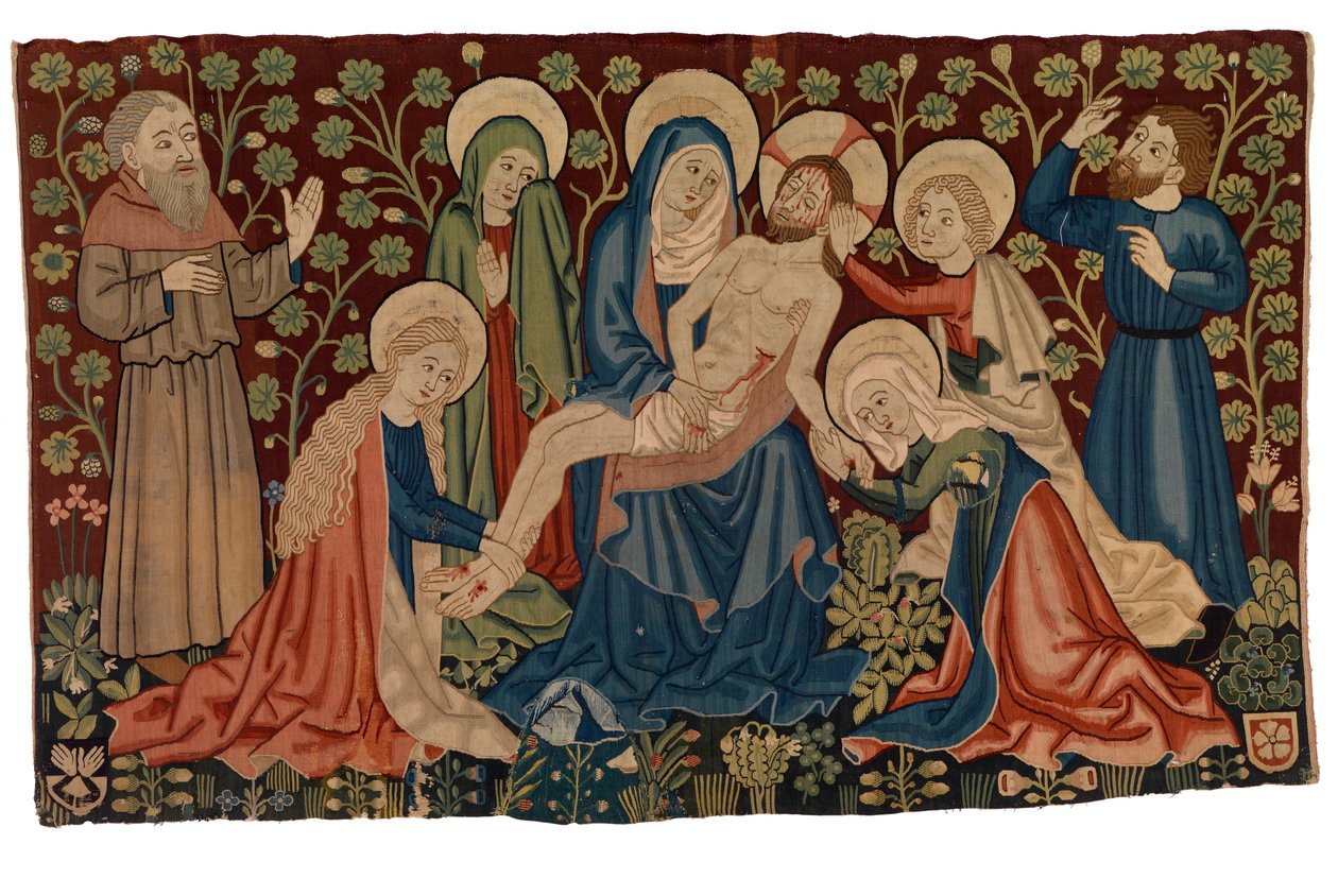 Gobelin-anteppendium a halott Krisztus feletti siralommal „Pieta”, Strasbourgból, 1450-1460 körül (gyapjú, selyem és esetleg lenvászon) alkotó: French School