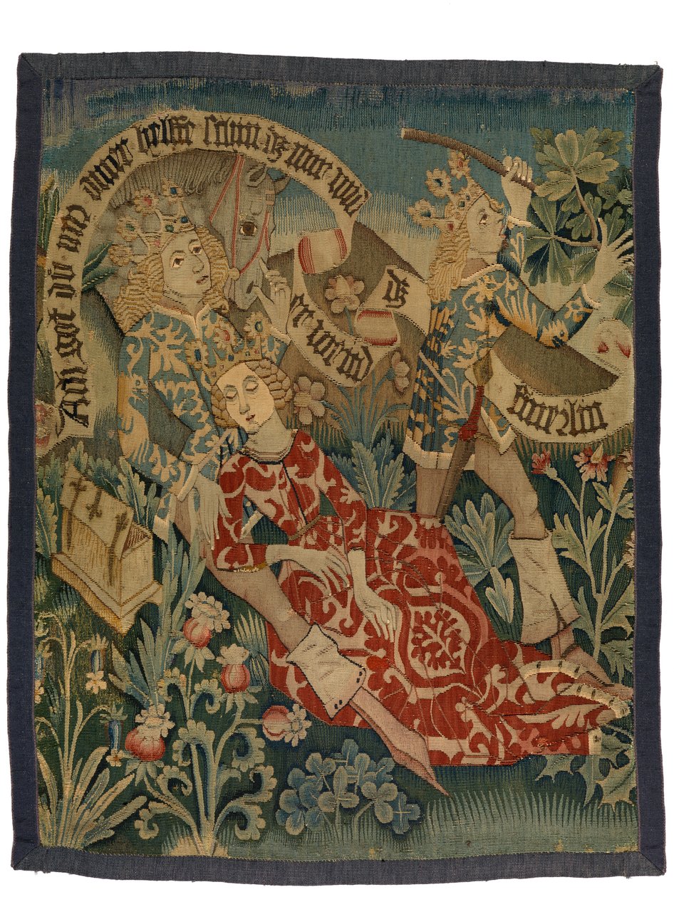Gobelin, amely két jelenetet ábrázol a Der Busant „The Buzzard”-ból, Elzászból, 1475-1500 körül (gyapjú-, selyem- és fémszálak) alkotó: French School