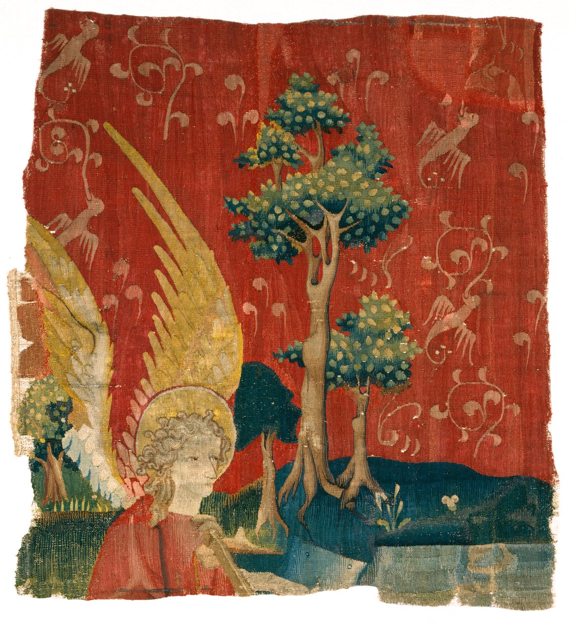 Angyalt ábrázoló kárpittöredék tájban, Angers Apokalipsziséből, XIV. század 3. negyede (gyapjú) alkotó: French School