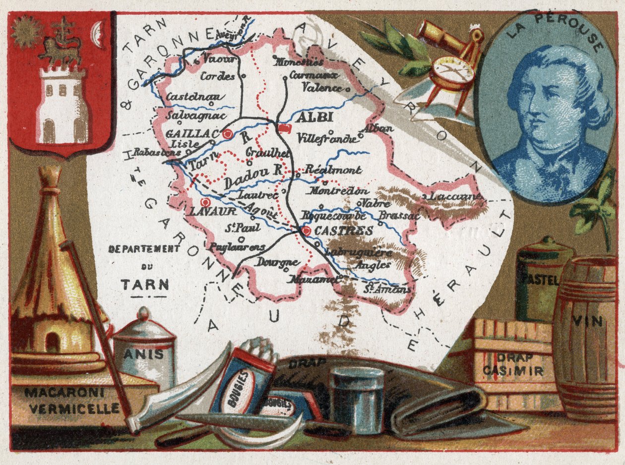Tarn (81), Midi Pyrenees (Midi-Pyrenees), Franciaország. Makaróni és cérnametélt, ánizs, gyertya, ágynemű, pasztell és bor. Jean Francois de Galaup, La Perouse grófja (1741-?), tengerésztiszt portréja. Sorozat a francia minisztériumokról. Kromolitográfia ( alkotó: French School