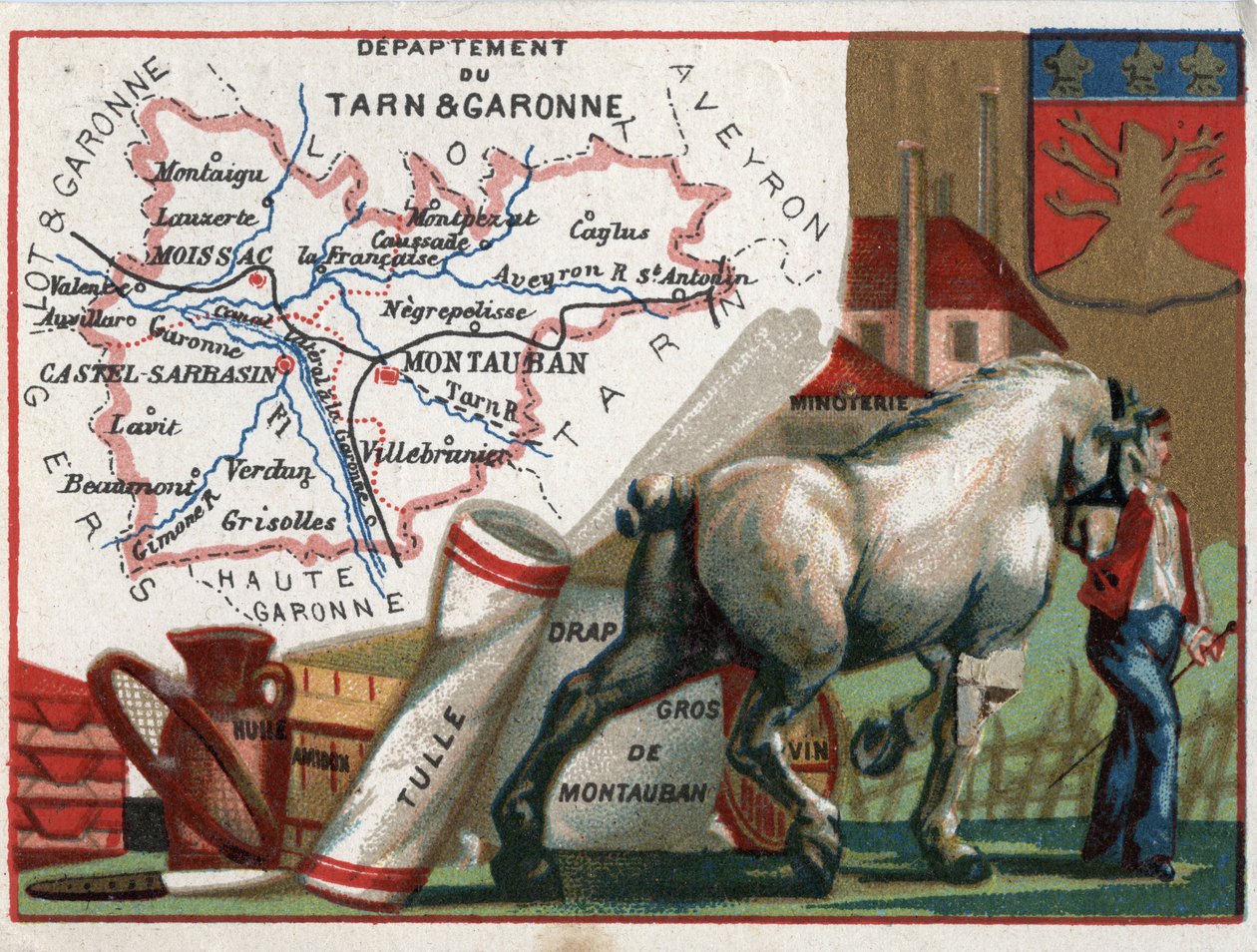 Tarn et Garonne (Tarn-et-Garonne, 82), Midi-Pyrenees (Midi Pyrenees), Franciaország. Helyi specialitás: olaj, keményítő, tüll, nagykereskedés Montauban lap, bor és lisztmalom. Sorozat a francia minisztériumokról. Kromolitográfia (Chromo) „”a földrajzi szál alkotó: French School