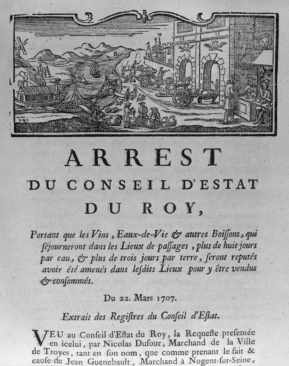 Adóhivatal a borok és szeszes italok városának bejáratánál, az Államtanács 1707. március 22-i rendelete a Párizsi Államtanács 1739. évi nyilvántartásaiból (lásd: 163952 alkotó: French School