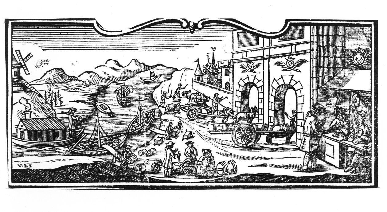 Adóhivatal a borok és szeszes italok városának bejáratánál, az Államtanács 1707. március 22-i rendelete, a párizsi államtanács 1739. évi nyilvántartásaiból (részlet) (lásd a alkotó: French School