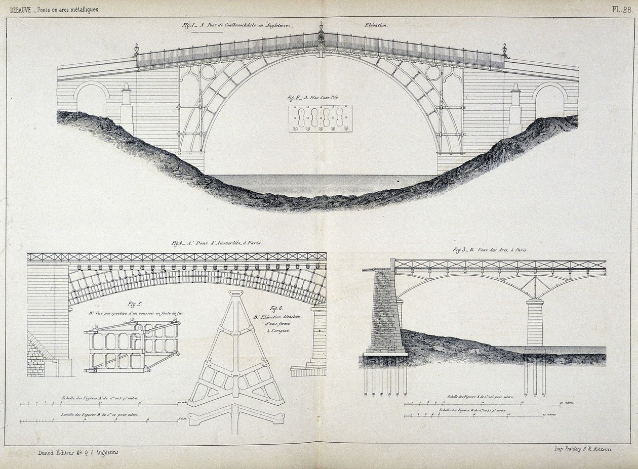 A Coalbrookdale-i (1779, Anglia), az Austerlitz-i és az Arts-i Ironbridge-hidak műszaki rajzai, Debaure, Párizs, „Manuel de l