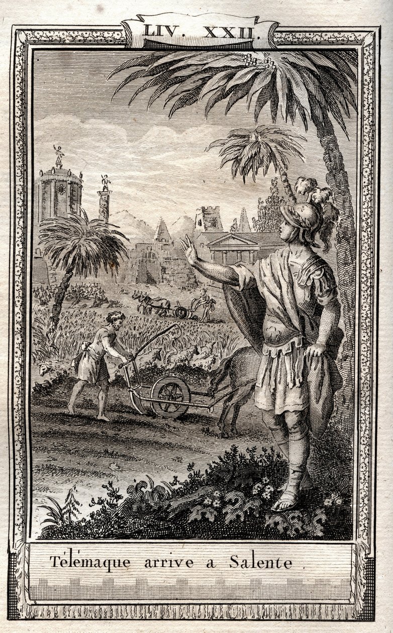 Teemaque visszatér Salentéba (Salento) – Monnet 1798-as metszete Francois de Salignac de La Mothe-Fenelon dit Fenelon „Les Aventures de Telemaque, fils d