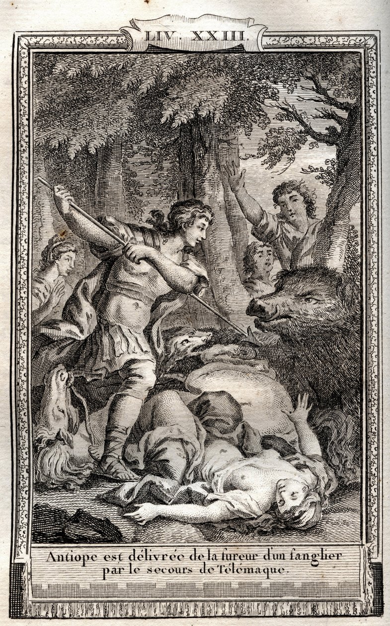 A Telemaque egy vaddisznóból kihozza Antiopét – Monnet 1798-as metszete a „Les Aventures de Telemaque, fils d