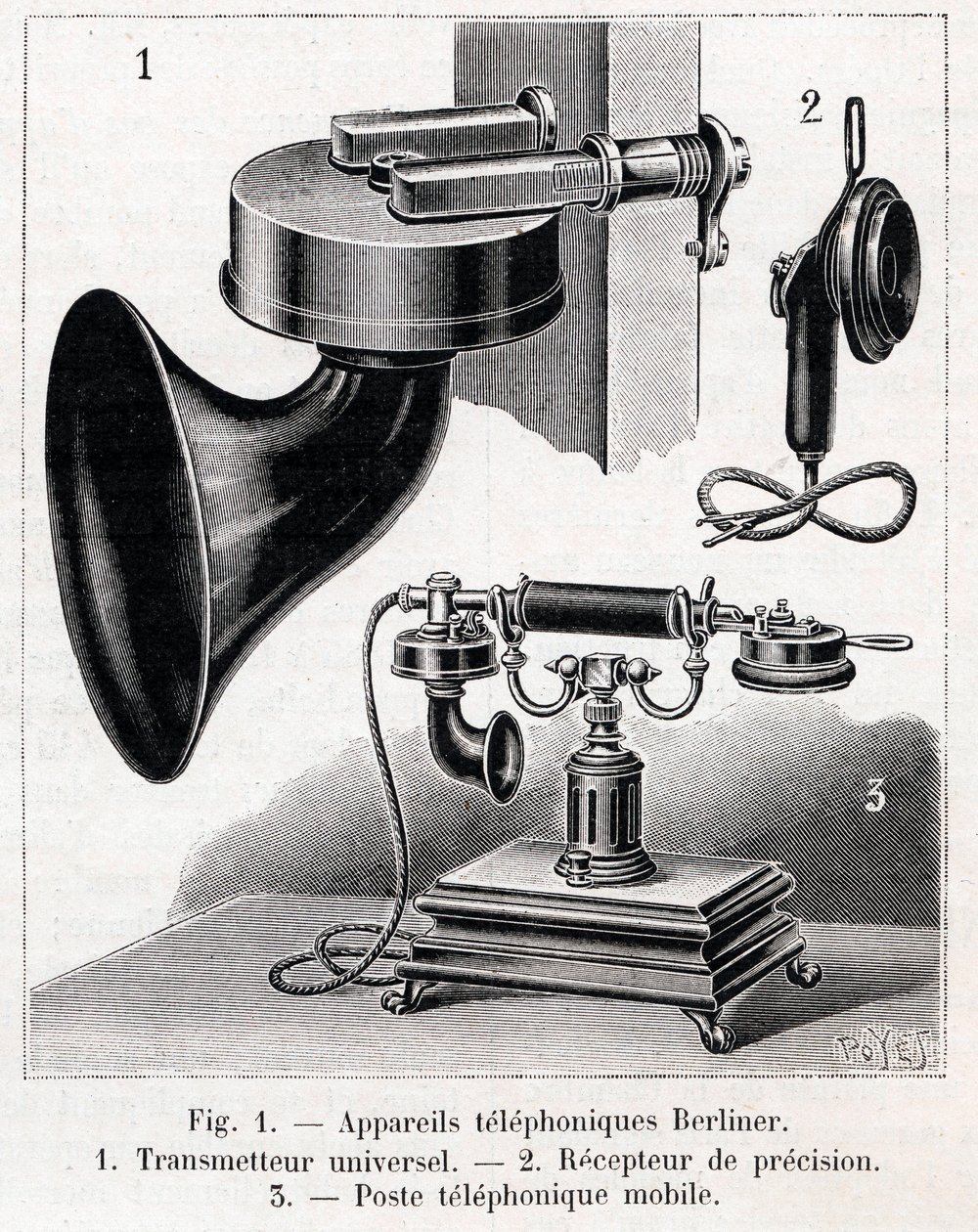 Telefonos készülék - Berliner System - "" La nature"" metszet 1902-ből alkotó: French School