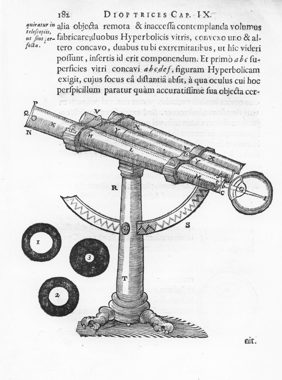 Teleszkóp, illusztráció a filozófia alapelveiből, René Descartes alkotó: French School