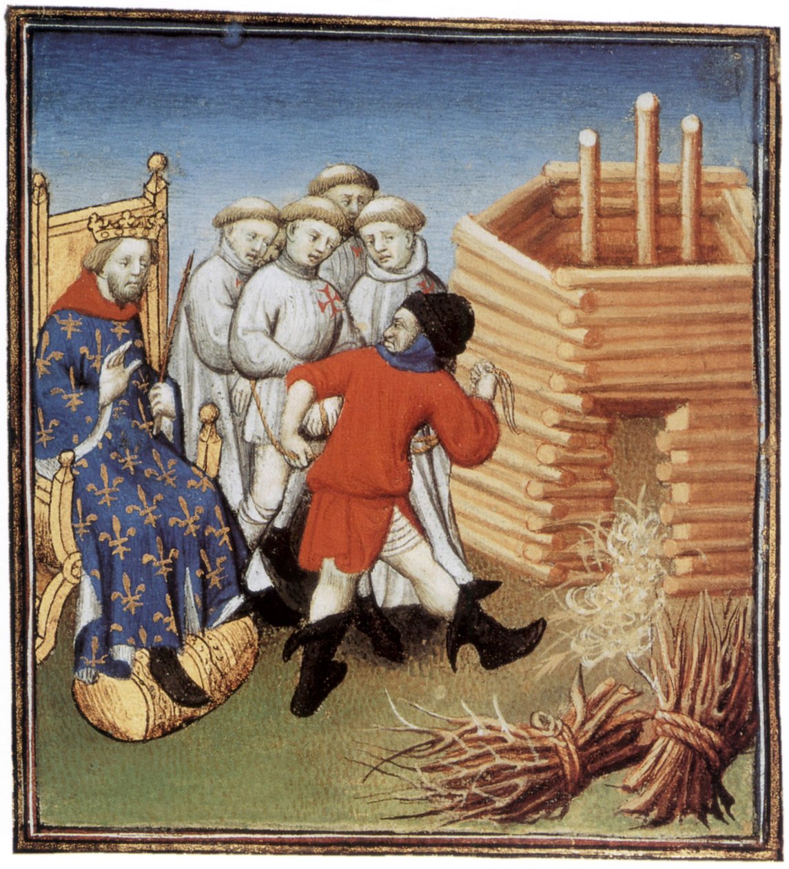 A templomosokat IV. Fülöp le Bel francia király pillantása alatt fogják kivégezni 1310-ben, megvilágítás alkotó: French School