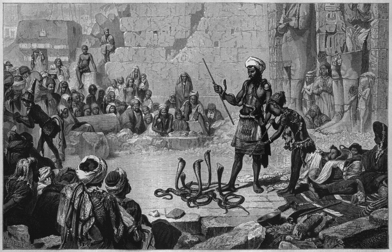 Medinet Abu temploma. Kígyóbűvölők, Georg Moritz Ebers (1837-98) Egyiptomból, 1881 (bw-metszet) alkotó: French School