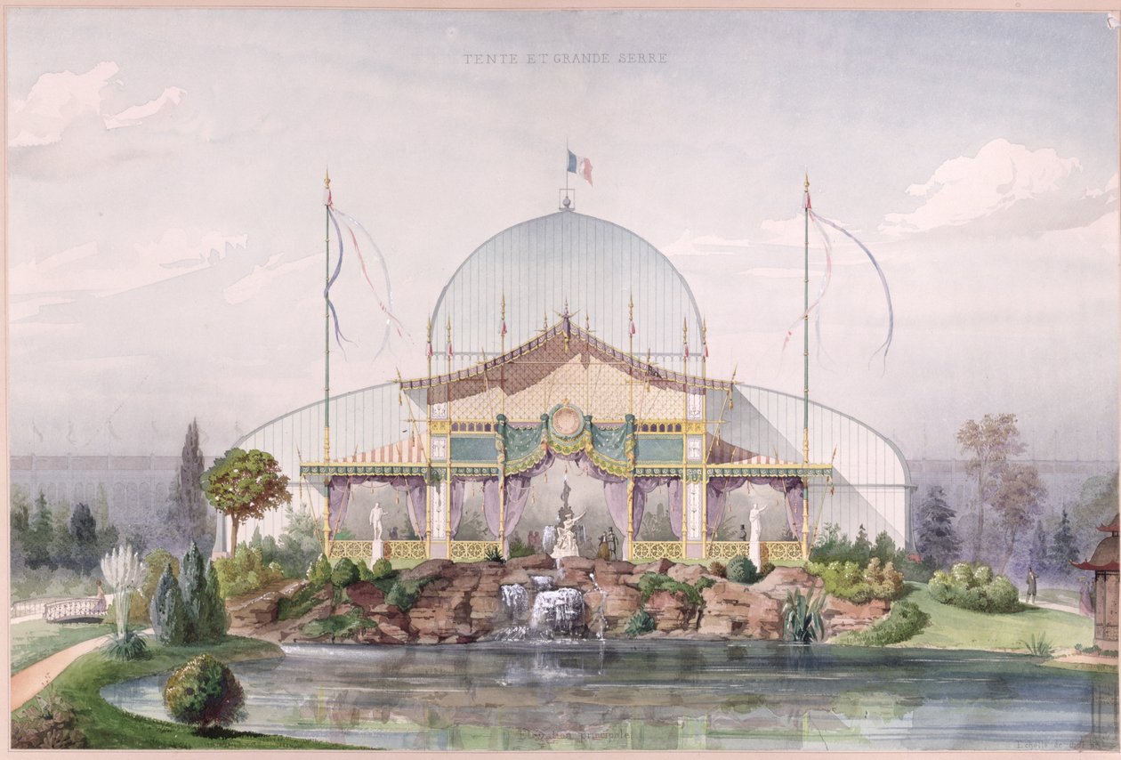 Sátor és nagy üvegház a párizsi egyetemes kiállítás kertjében 1867-ben (akvarell, papír) alkotó: French School